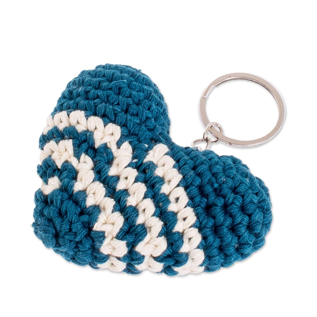 Turquoise and Ivory Acrylic Crocheted Heart Key Chain - Blue Antigua Heart