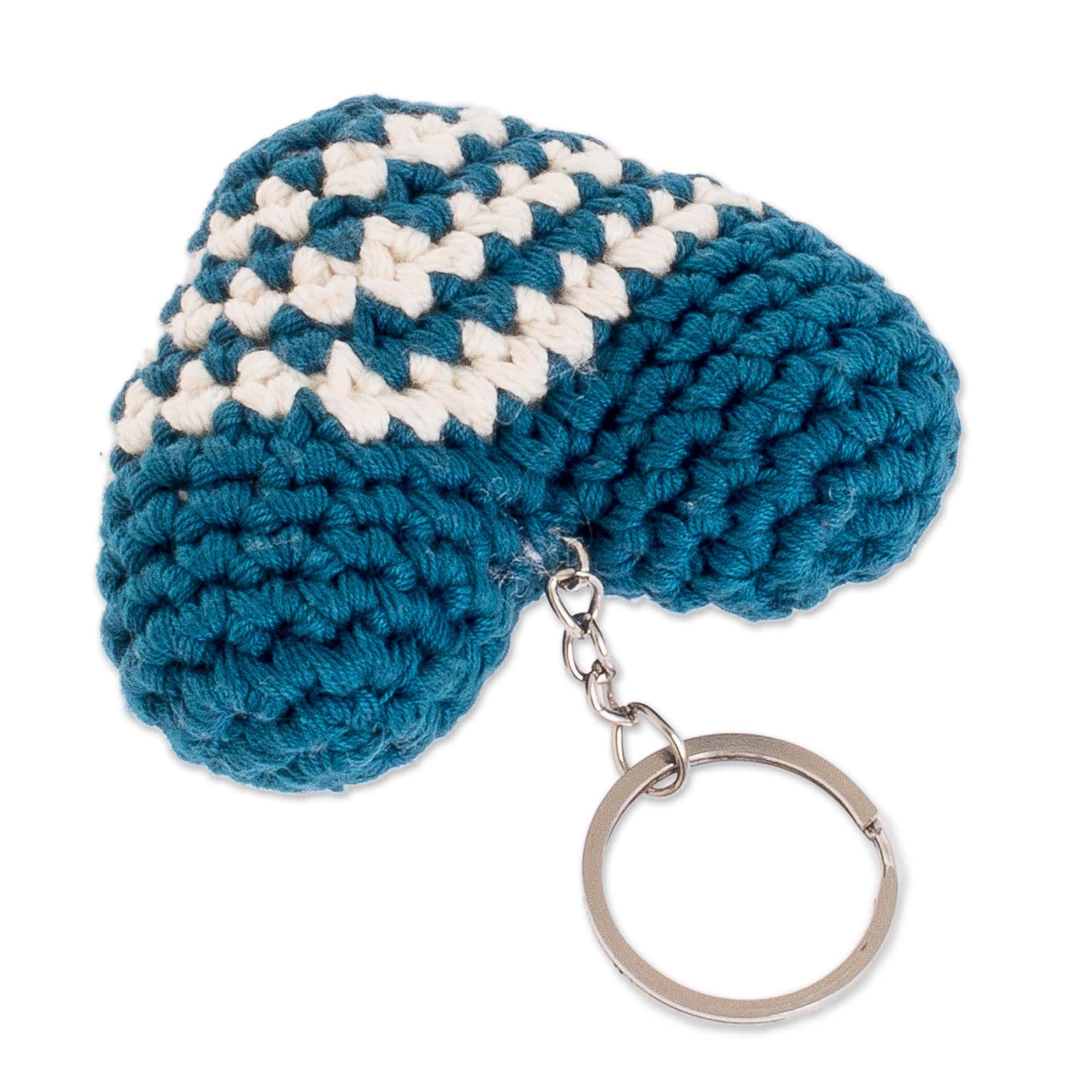 Turquoise and Ivory Acrylic Crocheted Heart Key Chain - Blue Antigua Heart