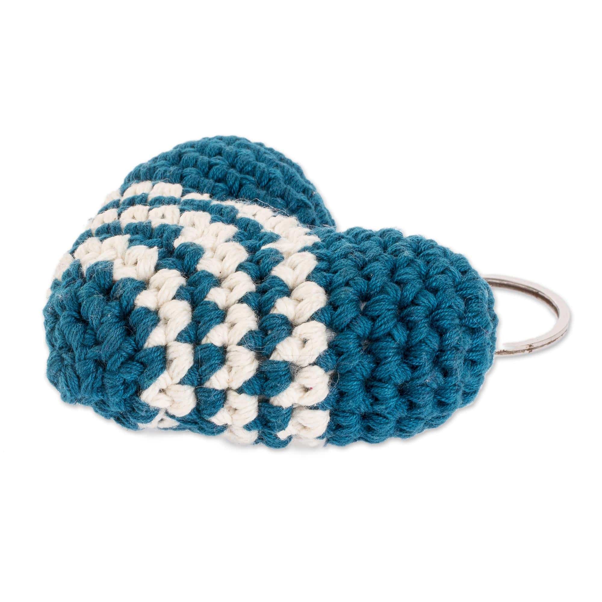 Turquoise and Ivory Acrylic Crocheted Heart Key Chain - Blue Antigua Heart