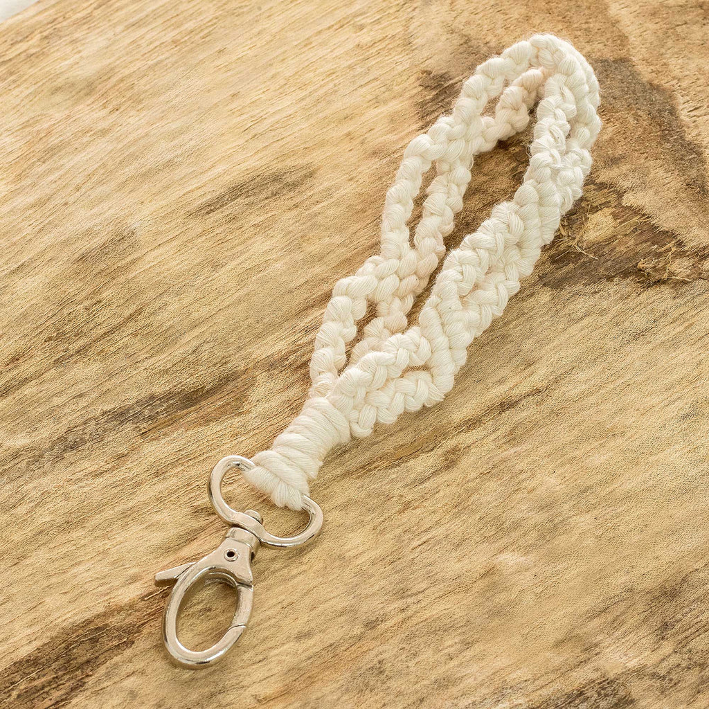 Pewter and 100% Cotton Macrame Key Chain from Guatemala - Braided Ivory Loop