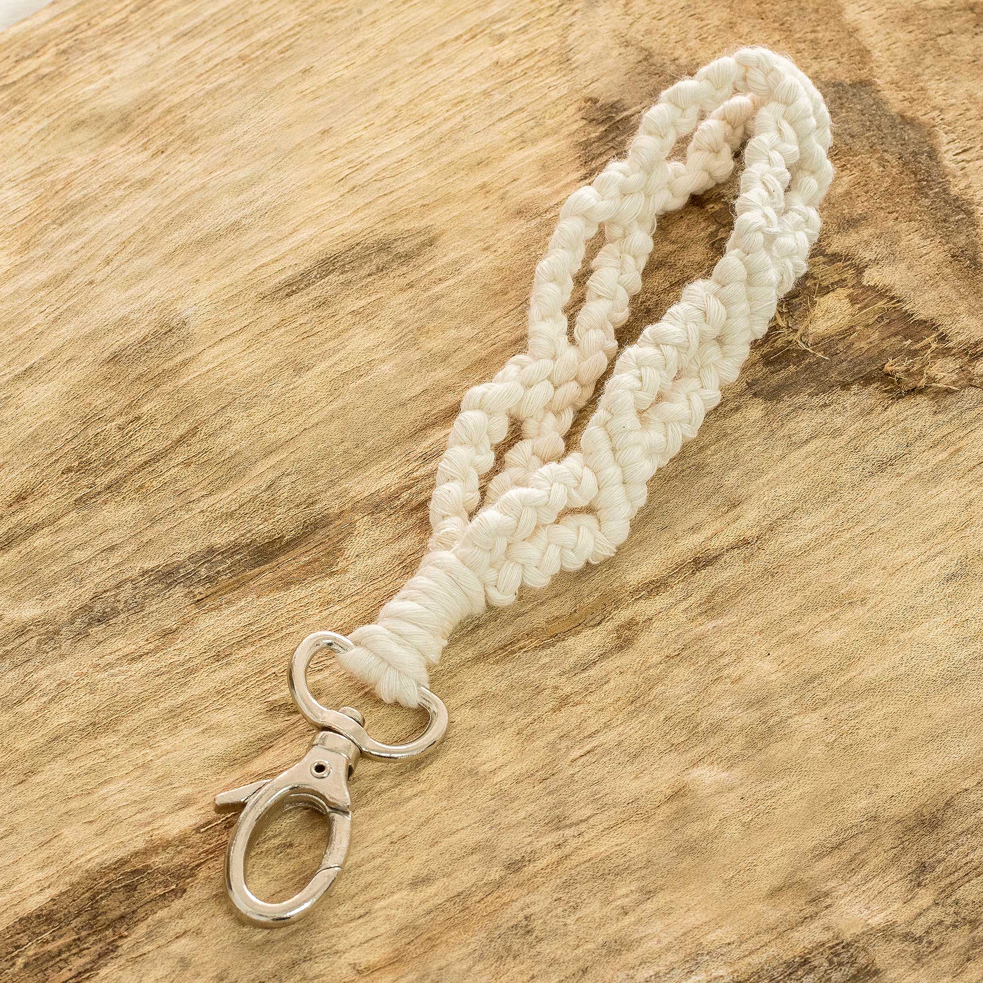 Pewter and 100% Cotton Macrame Key Chain from Guatemala - Braided Ivory Loop