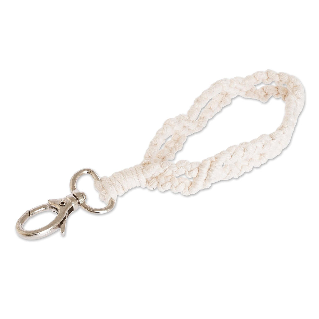Pewter and 100% Cotton Macrame Key Chain from Guatemala - Braided Ivory Loop
