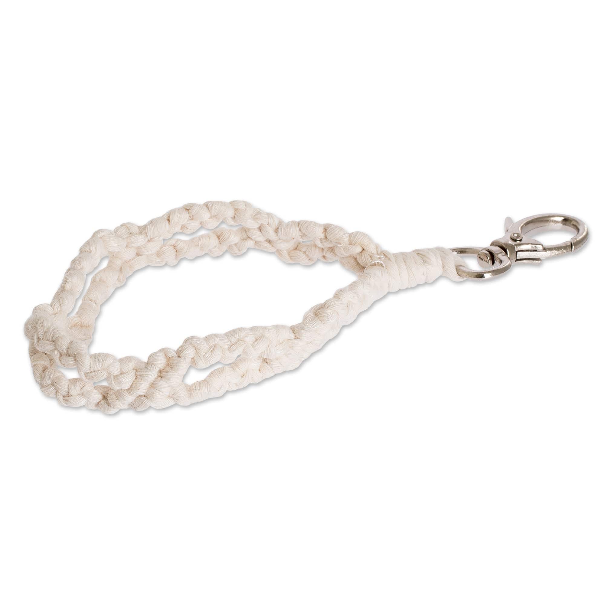 Pewter and 100% Cotton Macrame Key Chain from Guatemala - Braided Ivory Loop