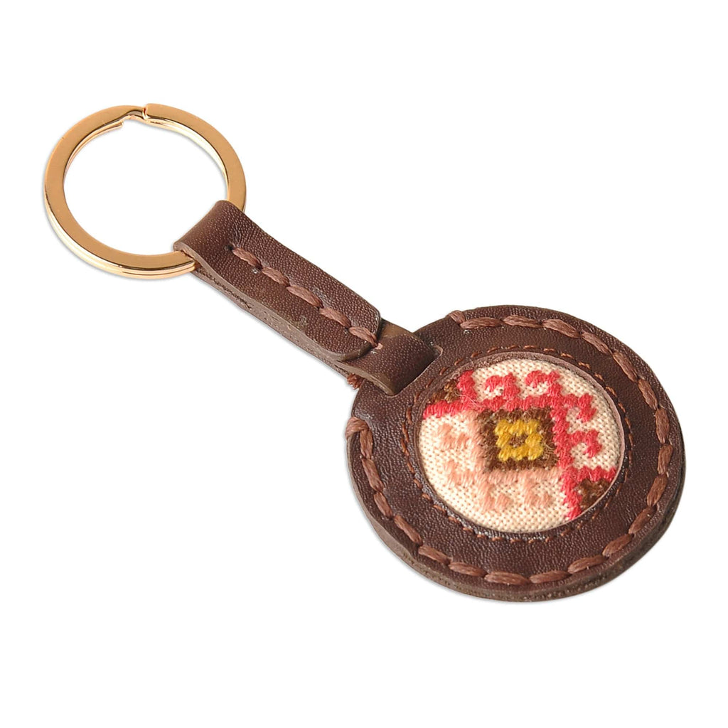 Handcrafted Brown Leather Keychain with Svaz Textile - Svaz Armenia