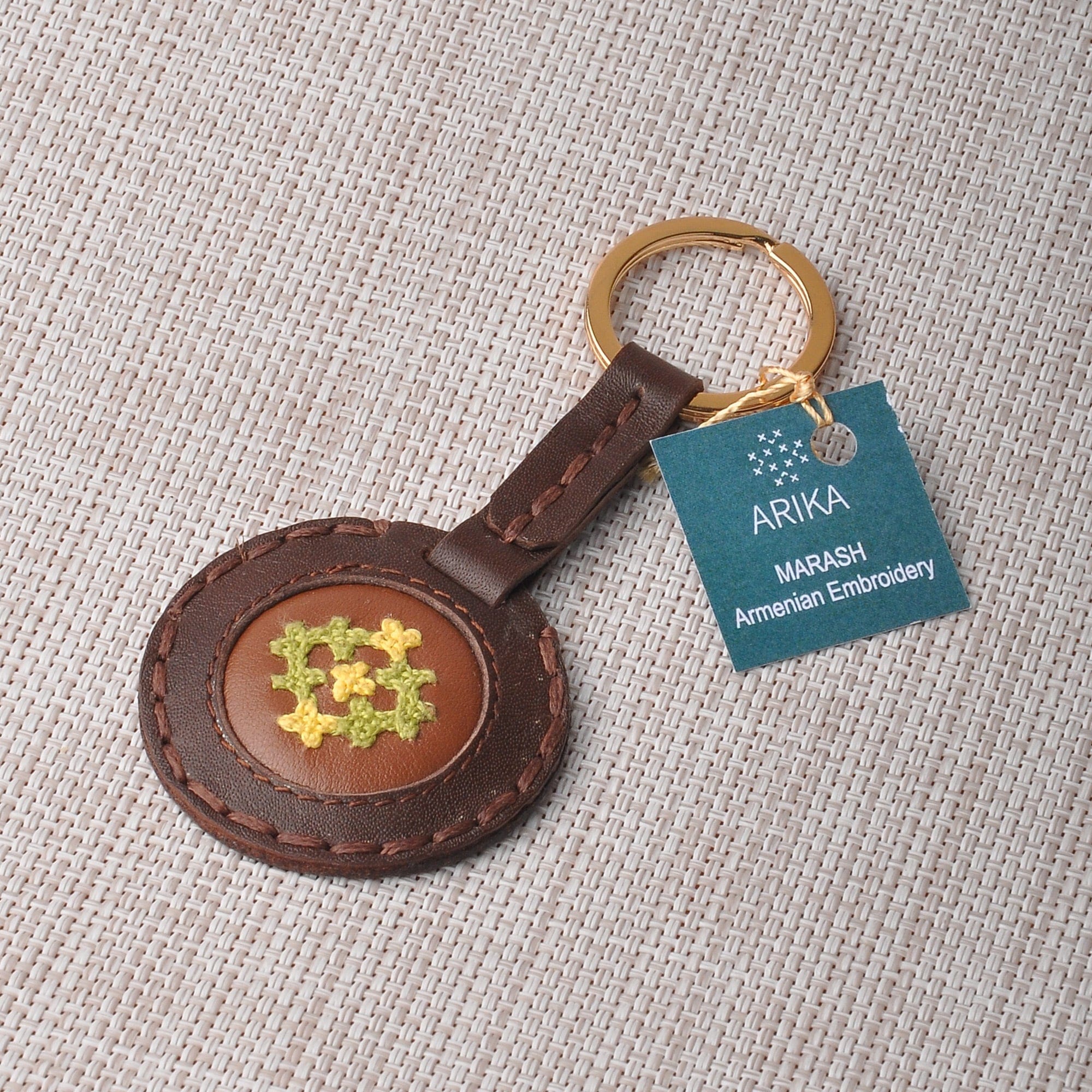 Handcrafted Brown Leather Keychain with Marash Textile - Marash Armenia