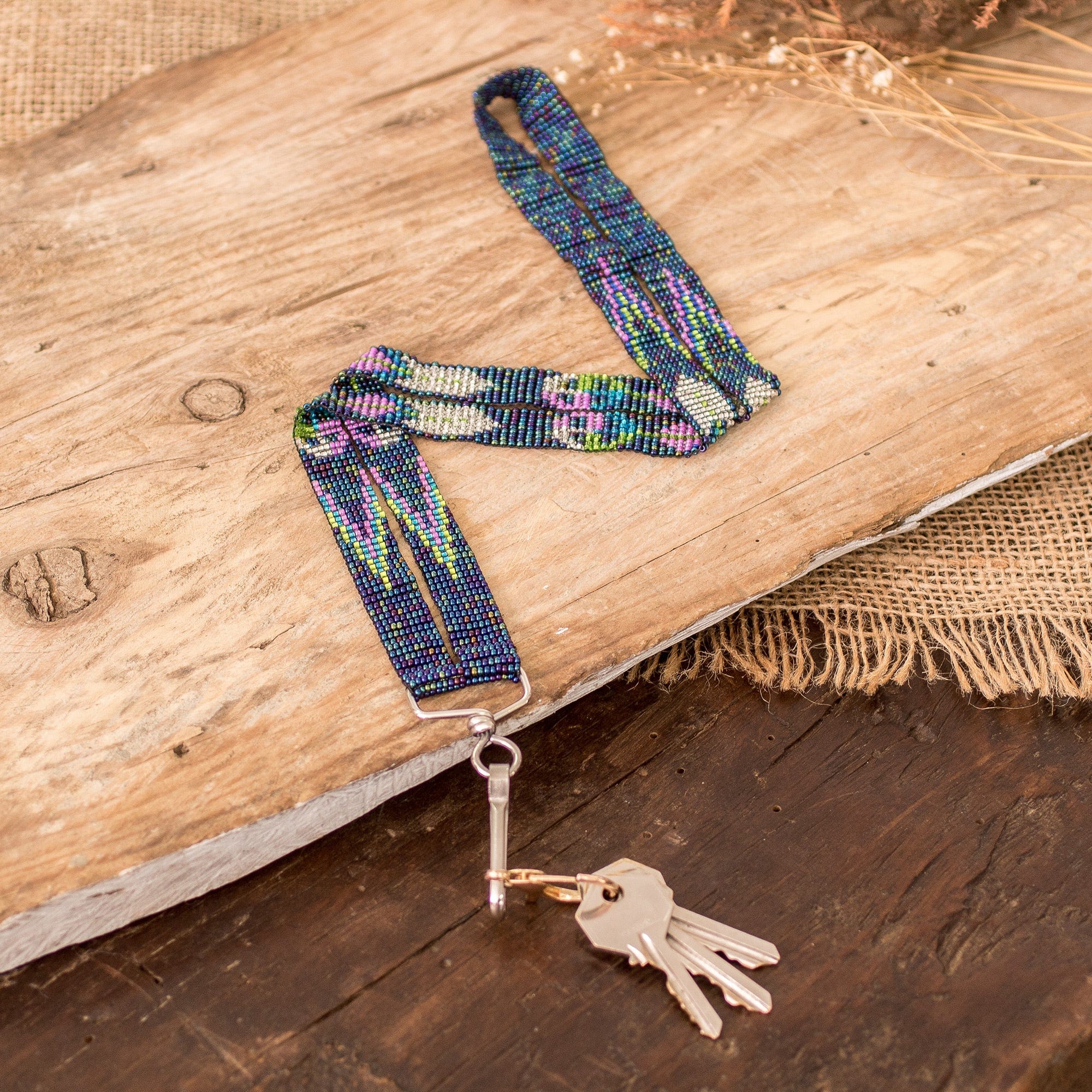 Guatemalan Handmade Blue Beaded Neck Lanyard Keychain Holder - Handy and Charming