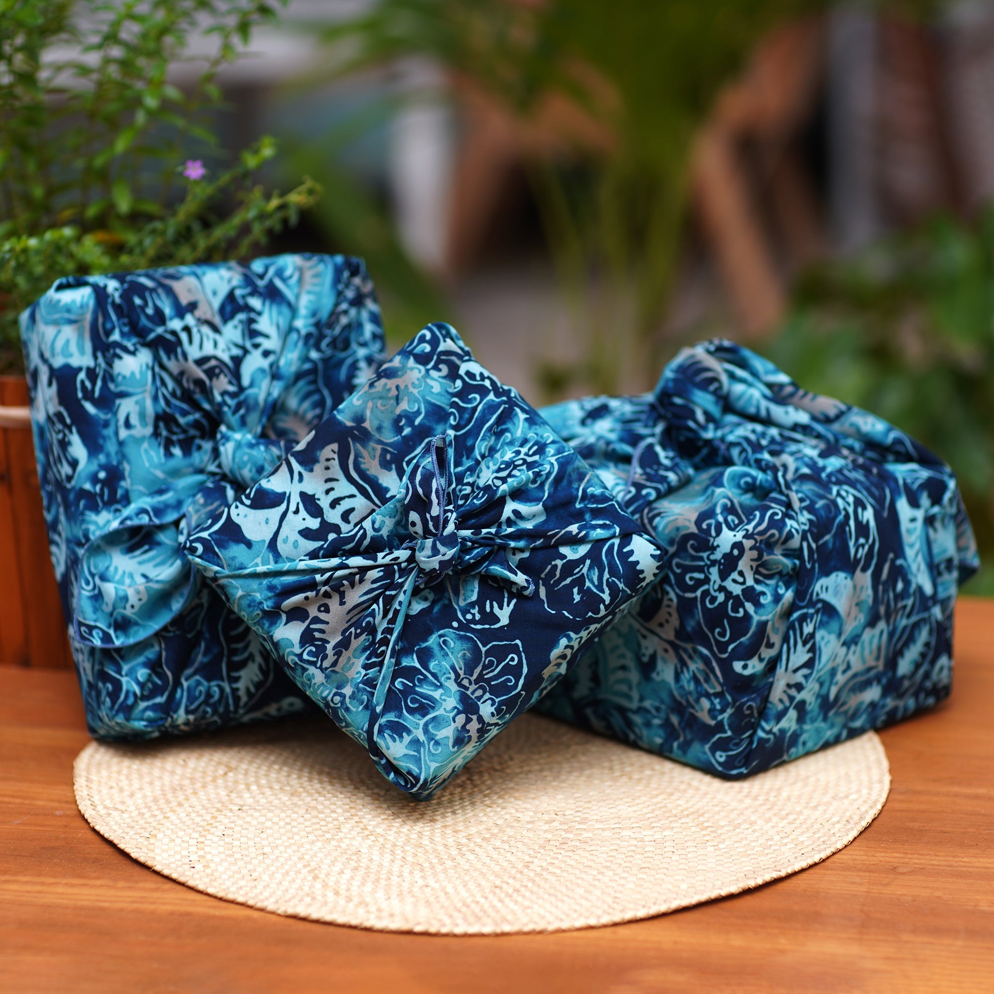 3 Upcycled Blue Leaf-Themed Batik Furoshiki-Style Gift Wraps - Blue Indigo