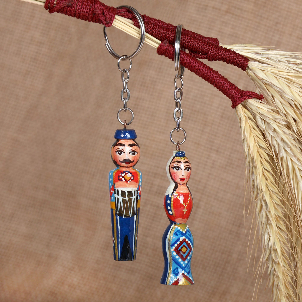 Hand-Carved 2-Piece Blue Taraz Couple Beechwood Keychain Set - Blue Taraz