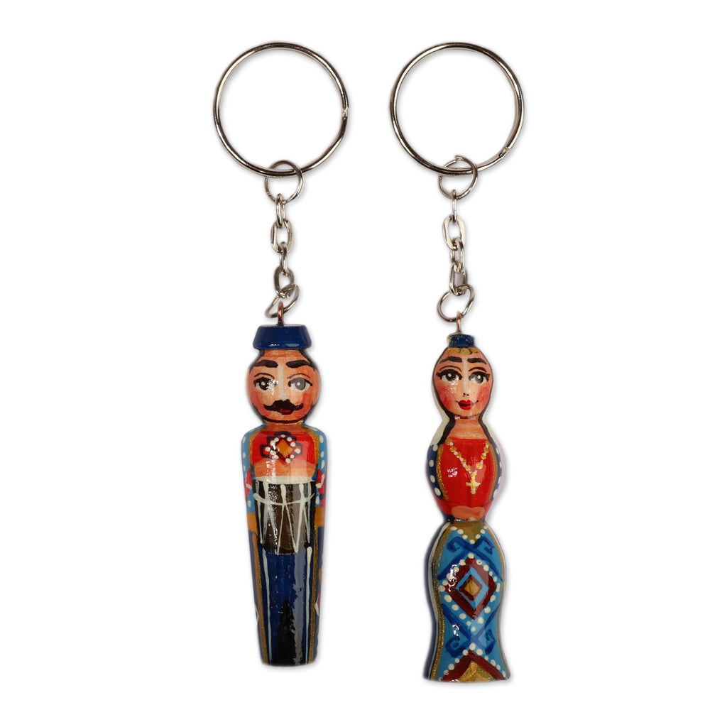 Hand-Carved 2-Piece Blue Taraz Couple Beechwood Keychain Set - Blue Taraz