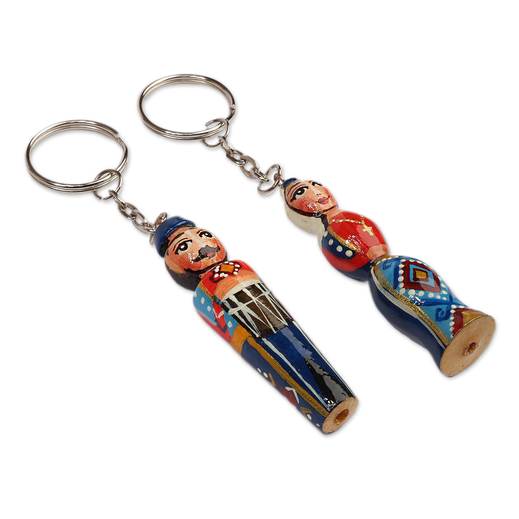Hand-Carved 2-Piece Blue Taraz Couple Beechwood Keychain Set - Blue Taraz