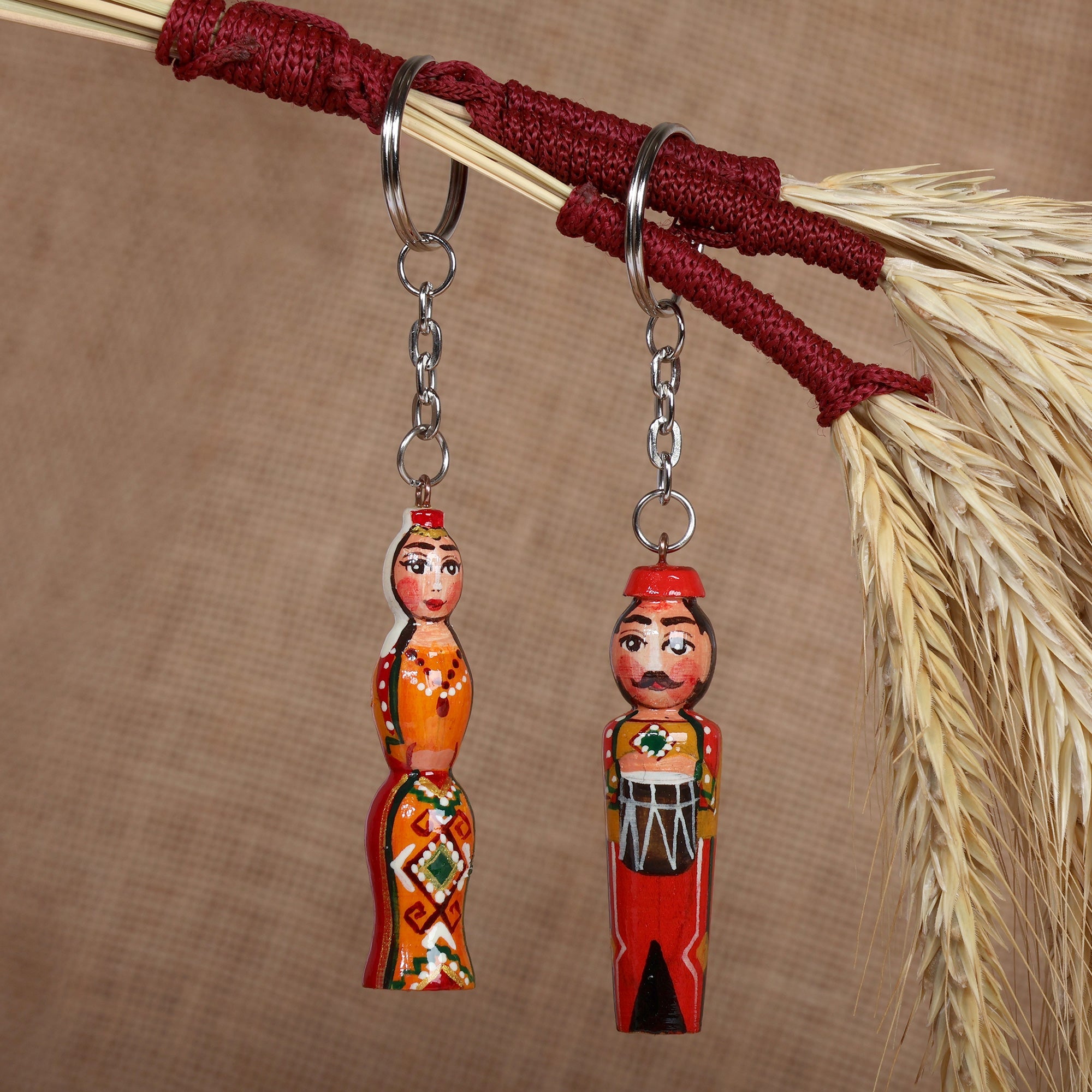 Set of 2 Orange and Red Taraz Couple Beechwood Keychains - Flaming Taraz