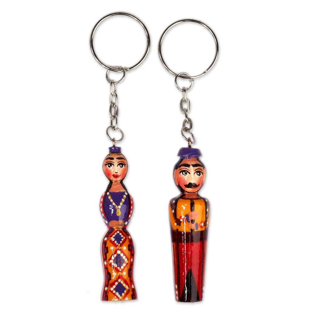 Glazed 2-Piece Yellow and Red Taraz Couple Wood Keychain Set - Festive Taraz