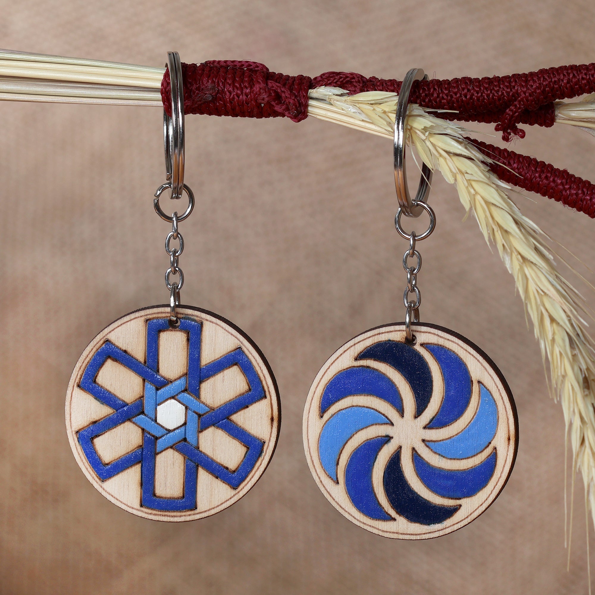 Set of 2 Armenian Round Wood Keychains Painted in Blue Hues - Traditional Blue