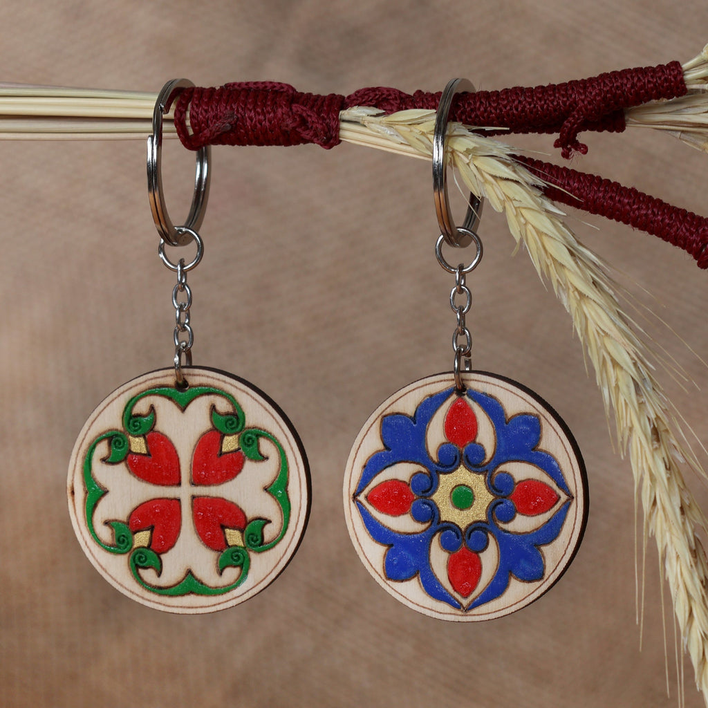 Folk Art-Themed 2-Piece Round Wood Keychain Set from Armenia - Noble Signals