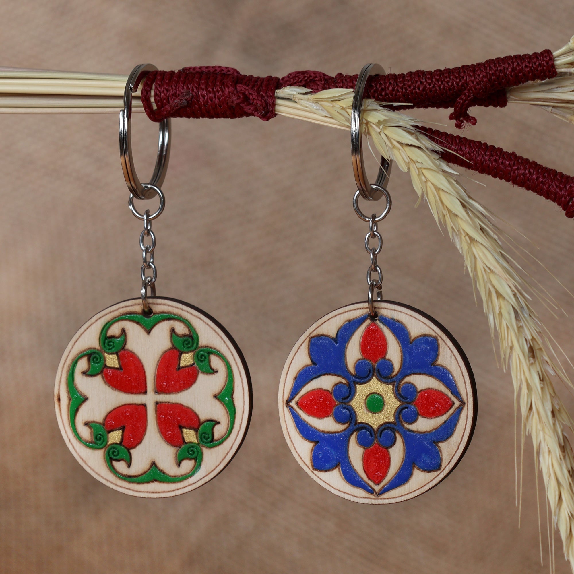 Folk Art-Themed 2-Piece Round Wood Keychain Set from Armenia - Noble Signals
