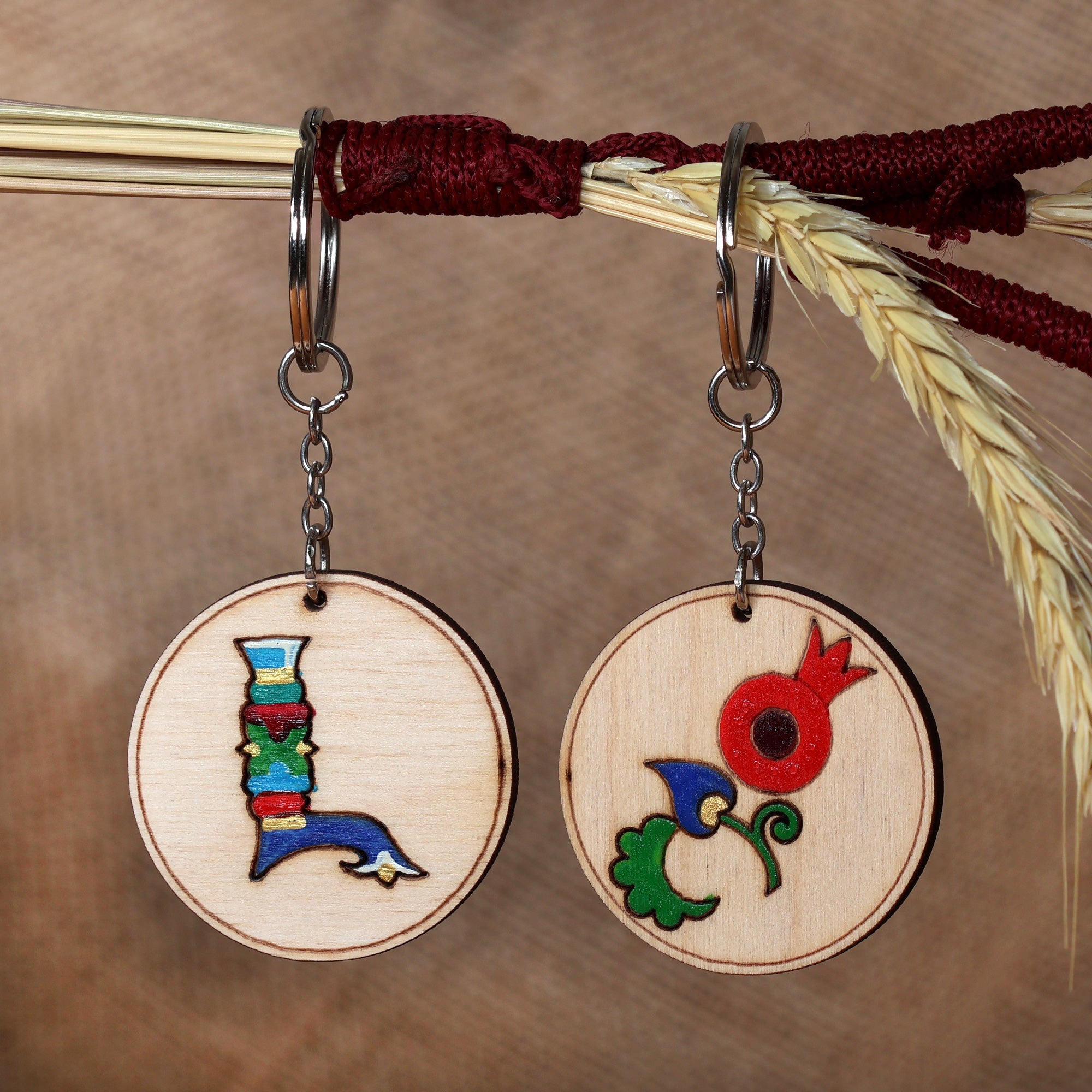 Pomegranate and Letter L-Themed 2-Piece Wood Keychain Set - Auguring L