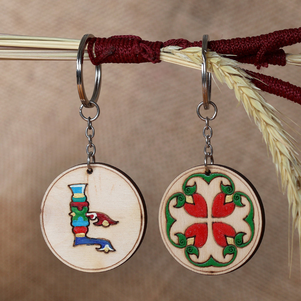 Set of 2 Handmade Letter E and Regal Bloom Wood Keychains - Blooming E