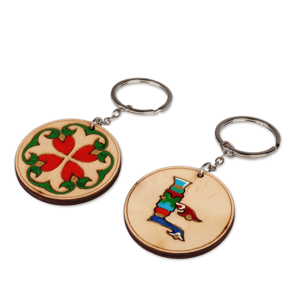 Set of 2 Handmade Letter E and Regal Bloom Wood Keychains - Blooming E