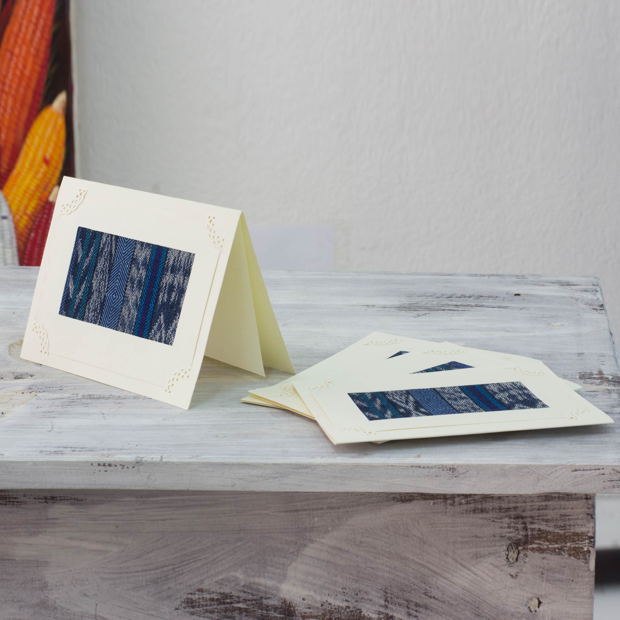 Blank Greeting Cards with Guatemala Weaving Inset (Set of 4) - Blue Maya Night