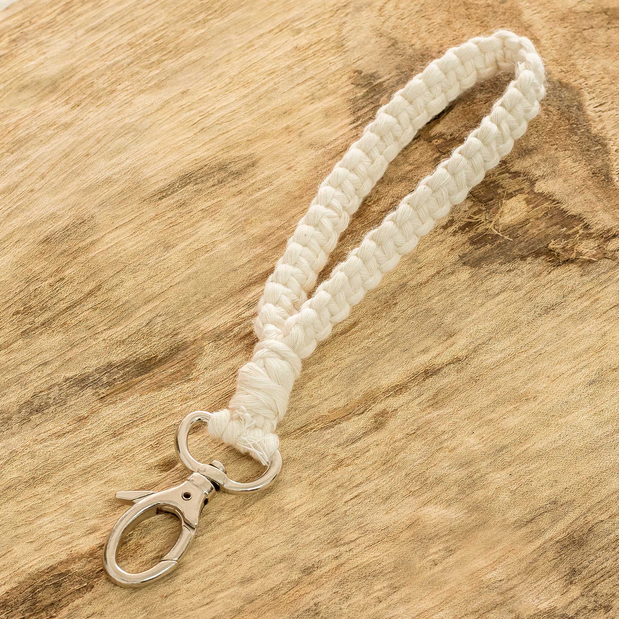 100% Cotton Macrame Strap Key Chain with Pewter Clasp - Knotted Ivory Band