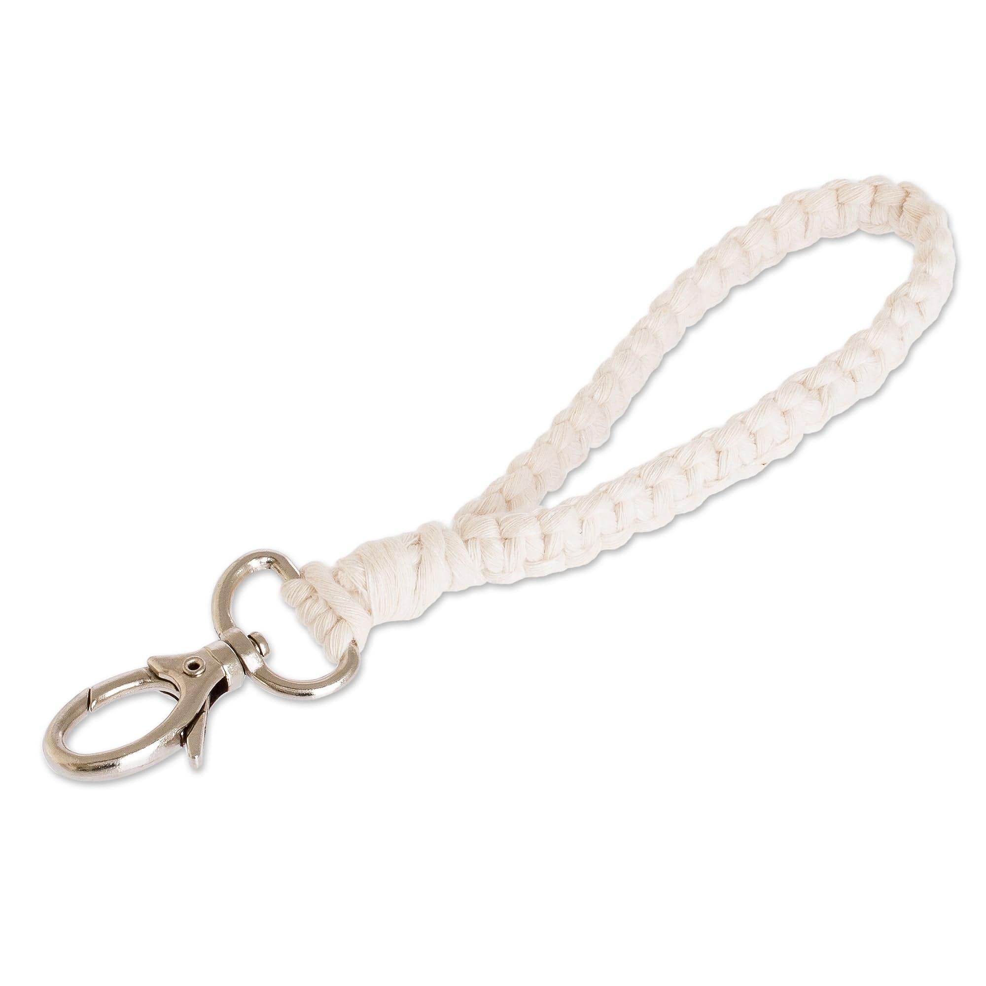 100% Cotton Macrame Strap Key Chain with Pewter Clasp - Knotted Ivory Band
