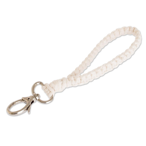 100% Cotton Macrame Strap Key Chain with Pewter Clasp - Knotted Ivory Band