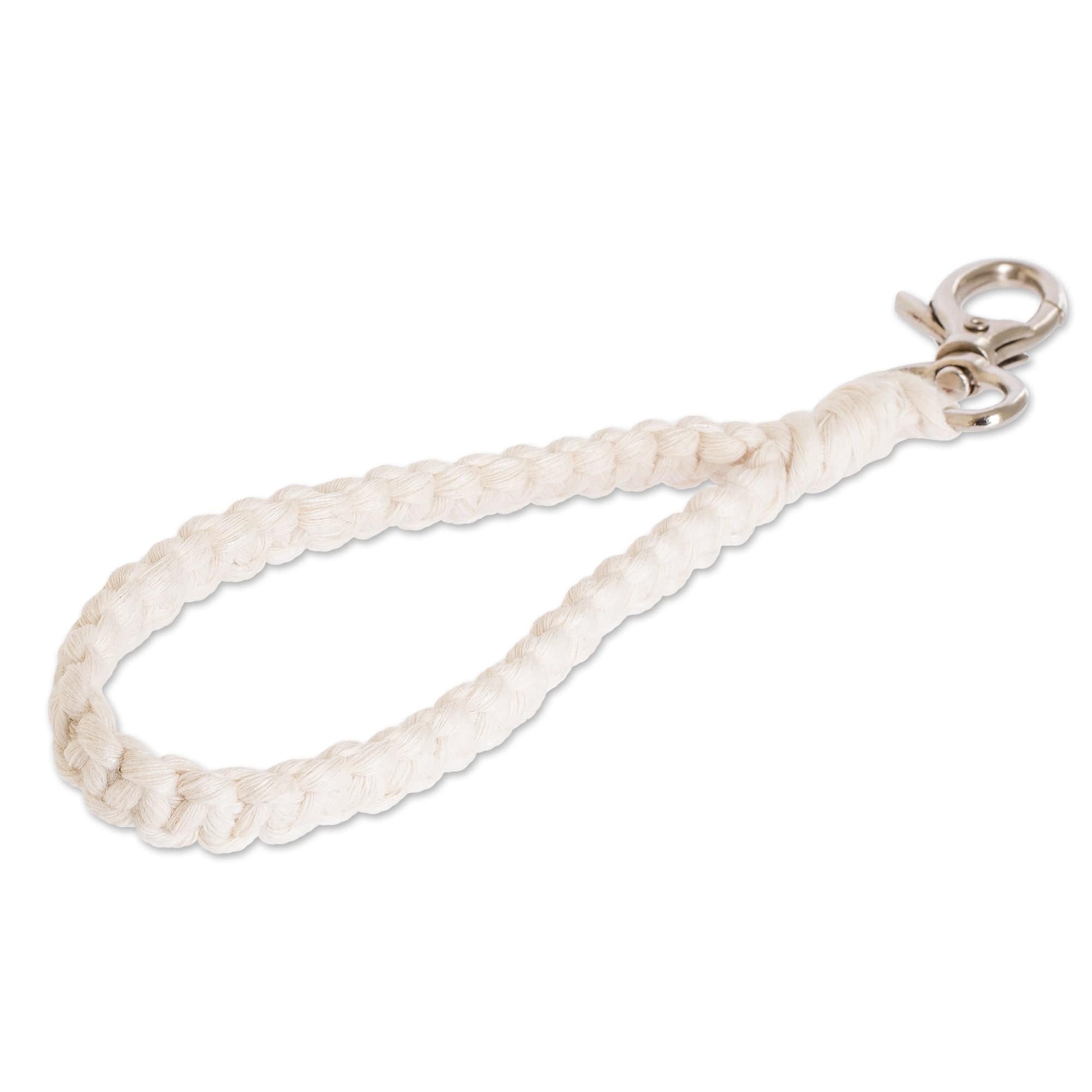 100% Cotton Macrame Strap Key Chain with Pewter Clasp - Knotted Ivory Band